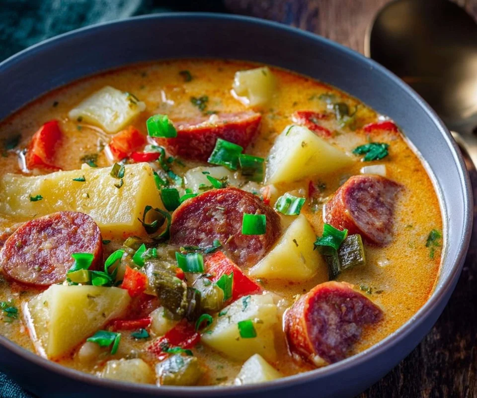 Sopa de Patata Cajún lista para servir en un tazón colorido