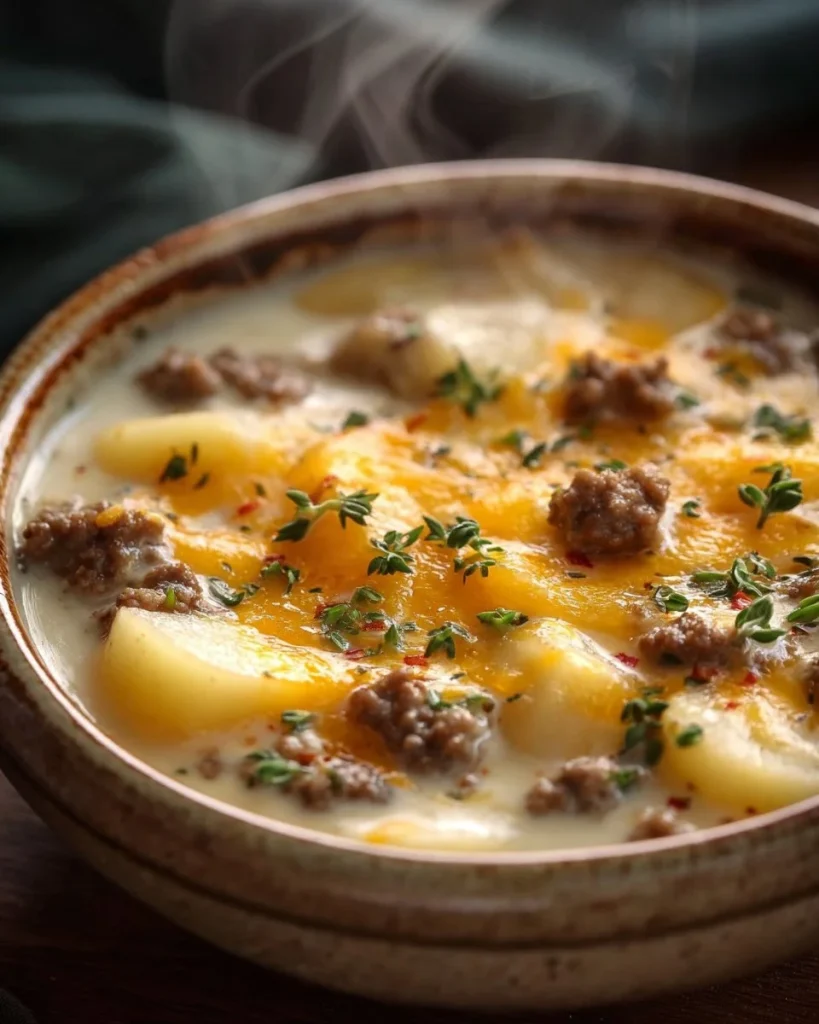 Plato de sopa de patata con queso derretido y guarniciones frescas