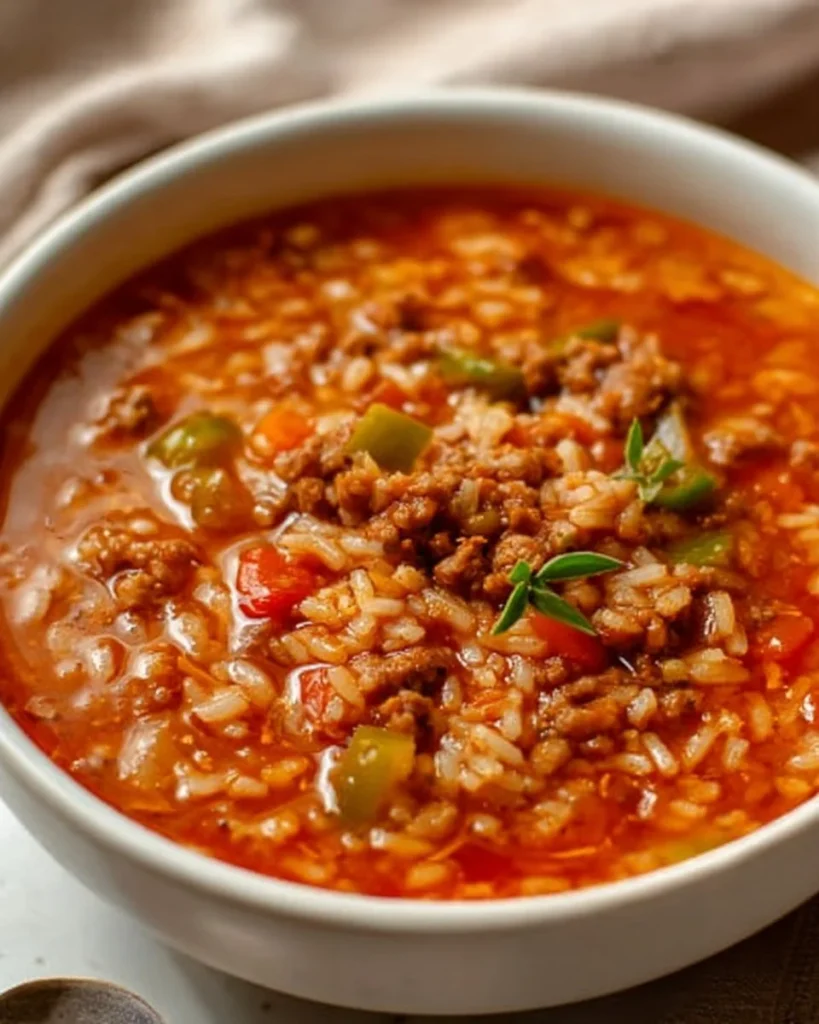 Sopa de pimientos rellenos en un cuenco colorido, lista para disfrutar.
