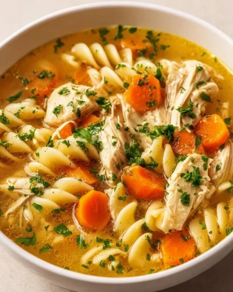 Sopa de Pollo Casera Fácil en un plato decorado con hierbas frescas.