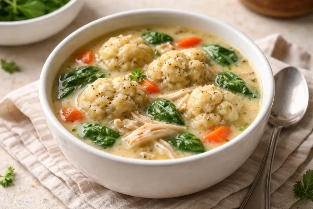 Sopa de pollo casera con gnocchi en un tazón humeante