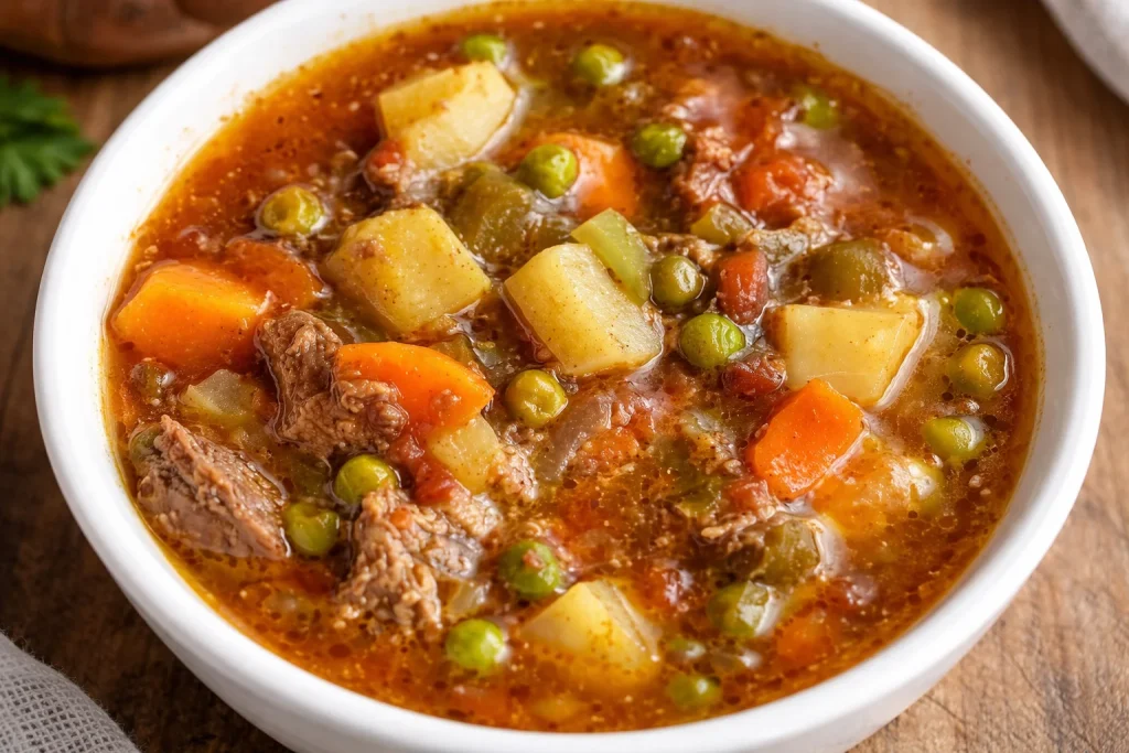 Sopa de Res y Verduras al Estilo Antiguo, un plato tradicional y reconfortante.
