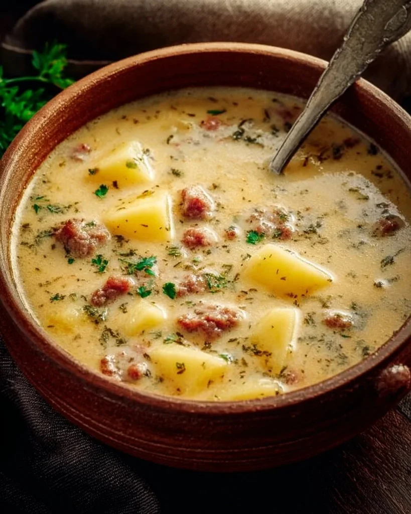 Sopa de Salchichas y Papas en un bol con ingredientes frescos.