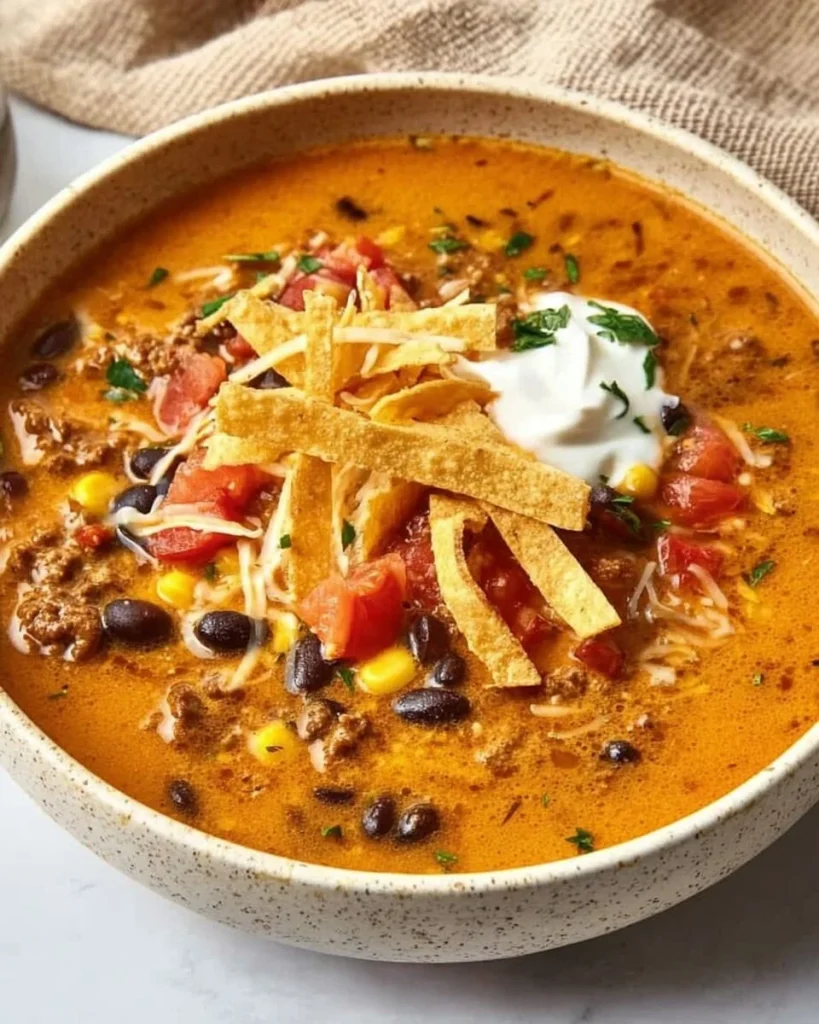 Tazón de Sopa de Tacos Cremosa con ingredientes frescos y sabrosos
