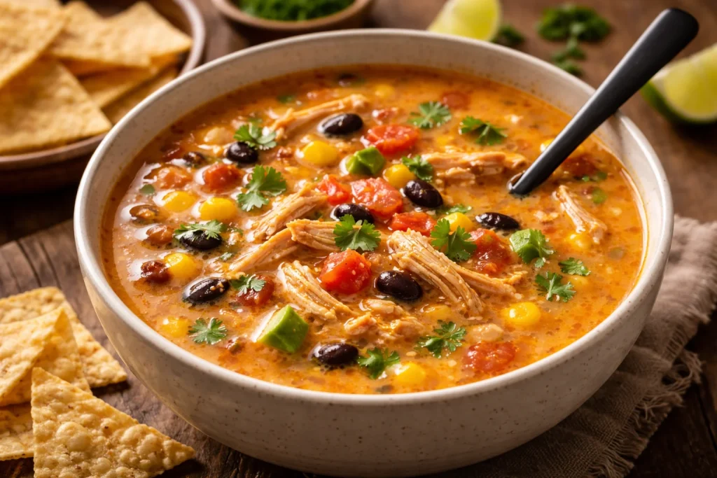 Sopa de tortilla de pollo cocinada en olla de cocción lenta con tortillas crujientes.