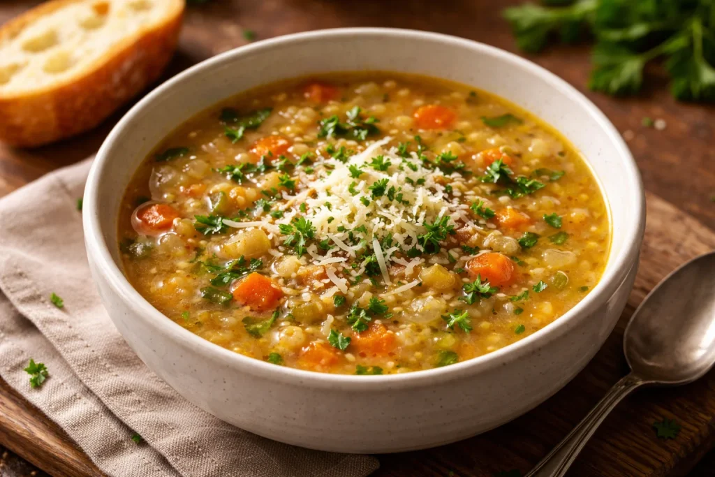 Plato de Sopa Italiana de Penicilina servido en un tazón con hierbas frescas