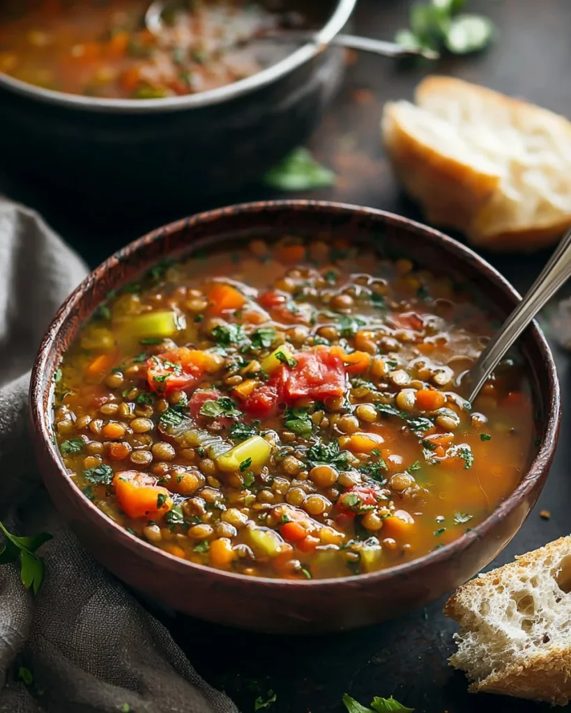 Bowl de Sopa Mediterránea de Lentejas con ingredientes frescos y coloridos