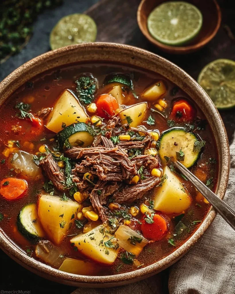 Sopa Mexicana de Res y Verduras en un tazón, decorada con cilantro fresco