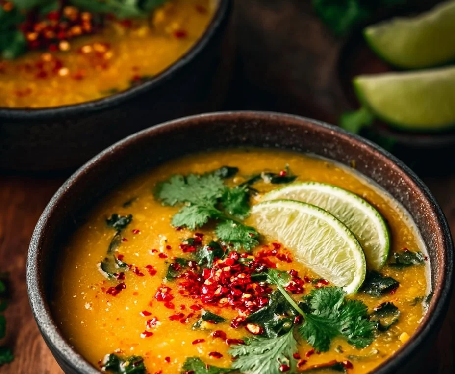 Sopa tailandesa de lentejas rojas con coco en un tazón