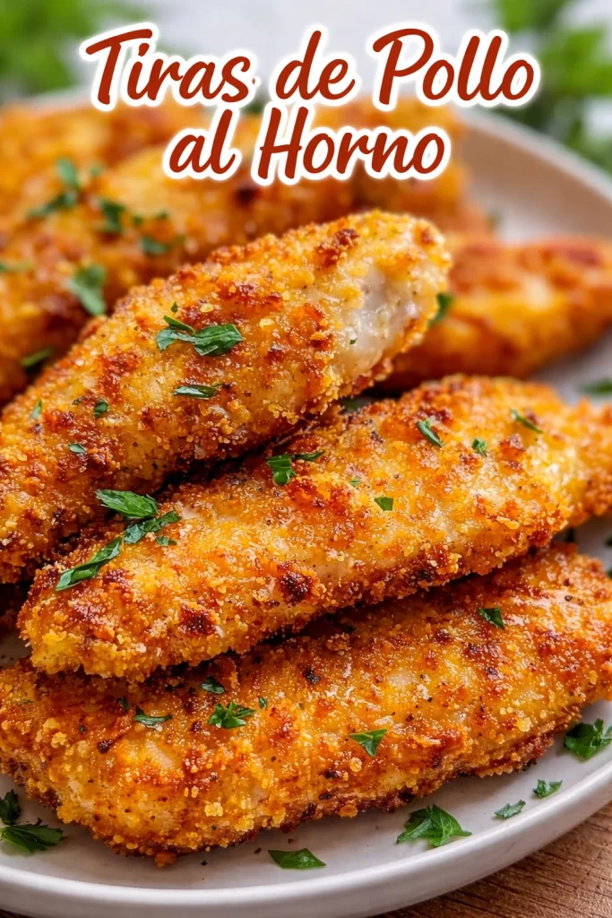 Tiras de pollo al horno crujientes y jugosas listas para servir.