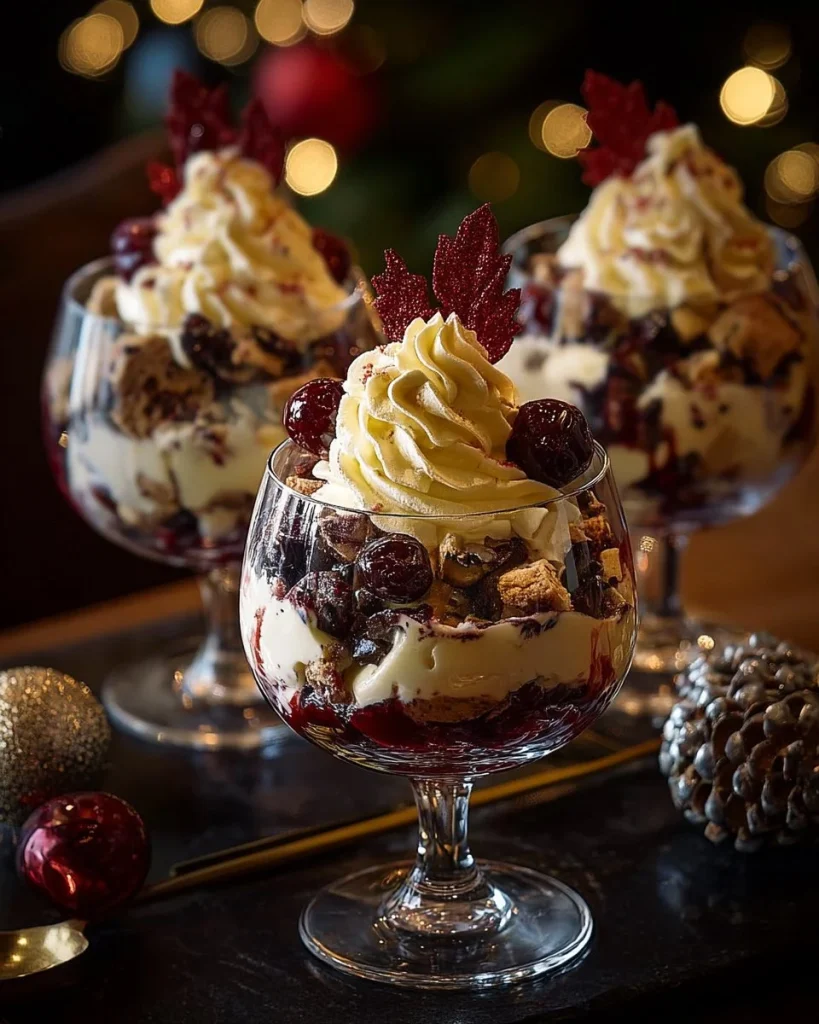 Delicioso Trifle de Selva Negra decorado para la Navidad.