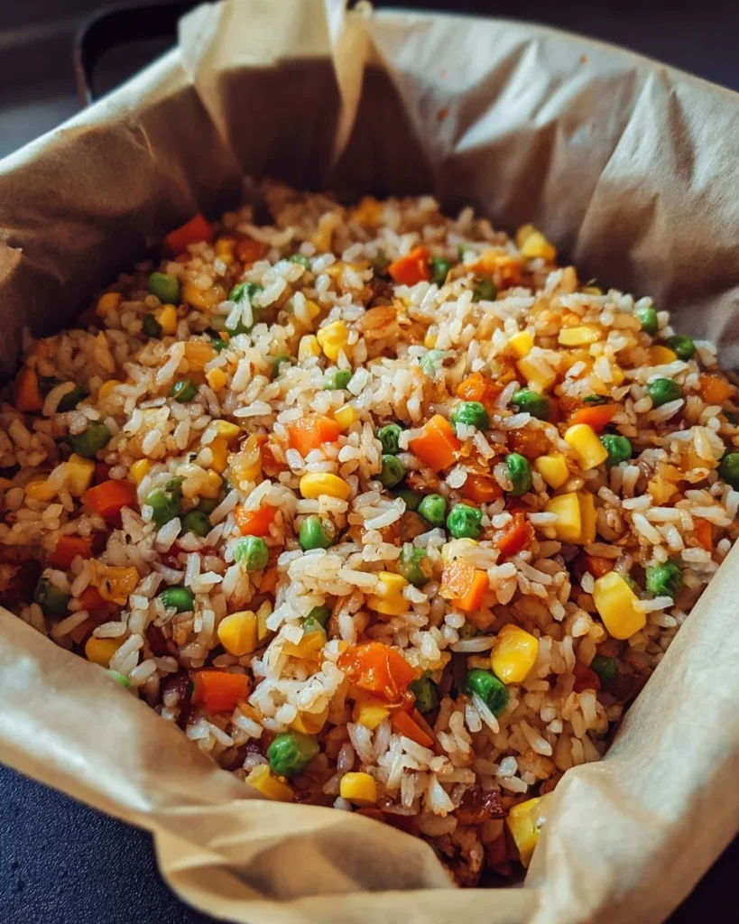 Arroz frito preparado en freidora de aire fresco y delicioso.
