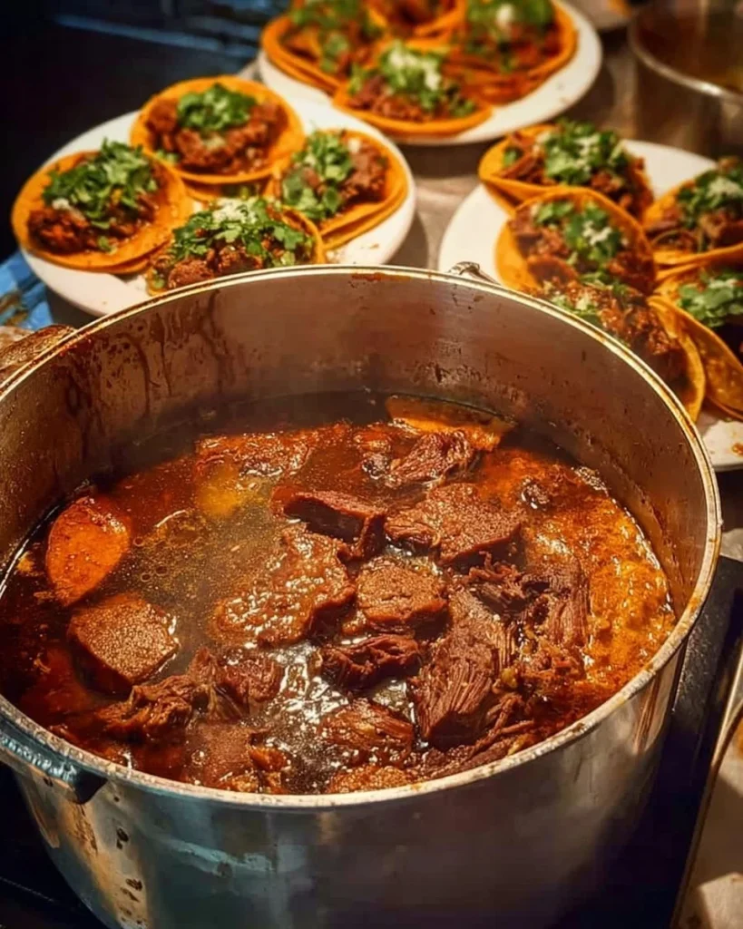 Plato de Birria de res tradicional mexicana servido con cebolla y cilantro