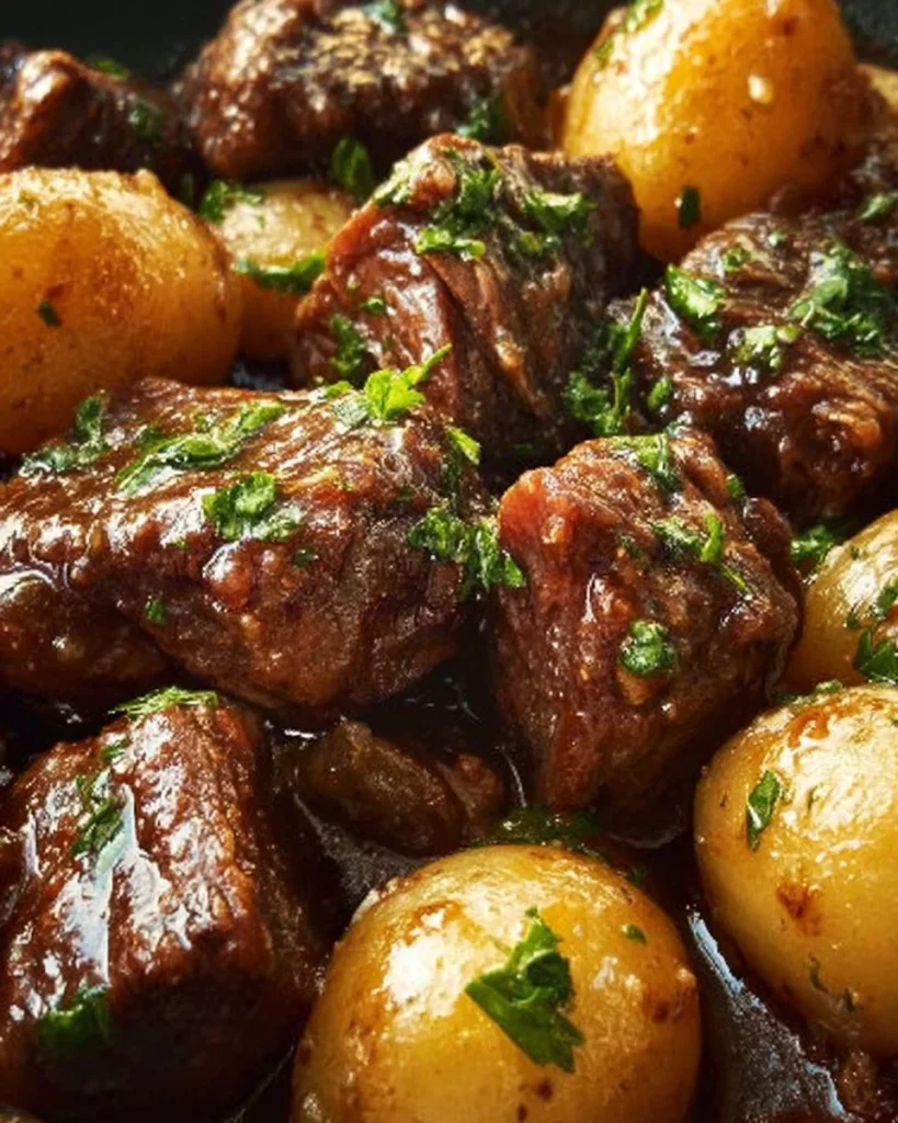 Bocaditos de res con ajo y mantequilla servidos con papas fritas