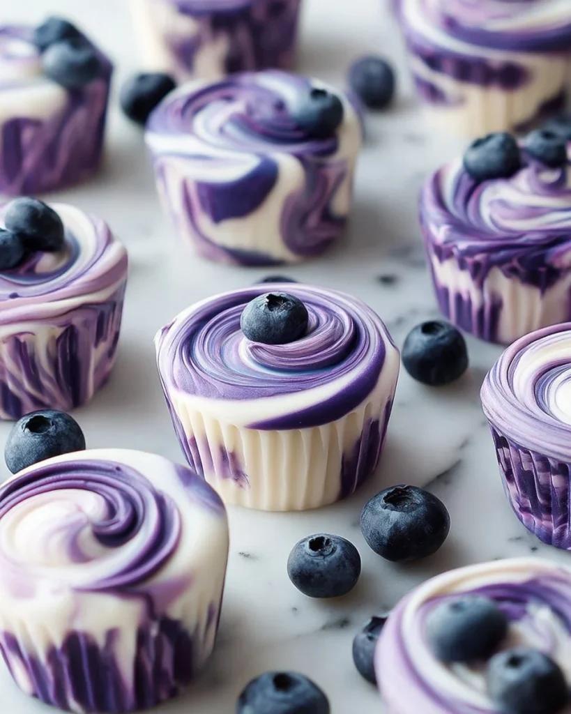 Bocaditos de yogur con remolino de arándano en un plato colorido
