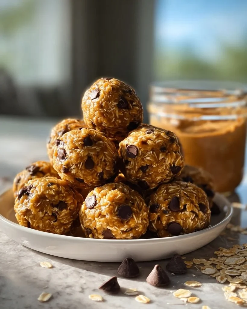Bocaditos energéticos de mantequilla de maní sin hornear en un plato.