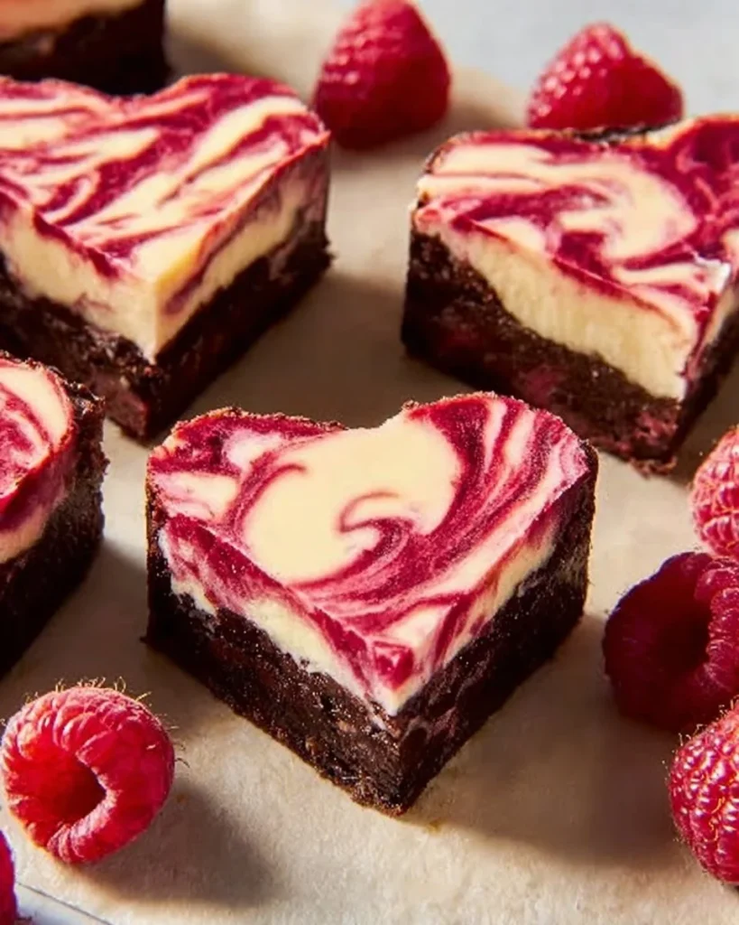 Brownies en forma de corazón decorados con chocolate y fresas
