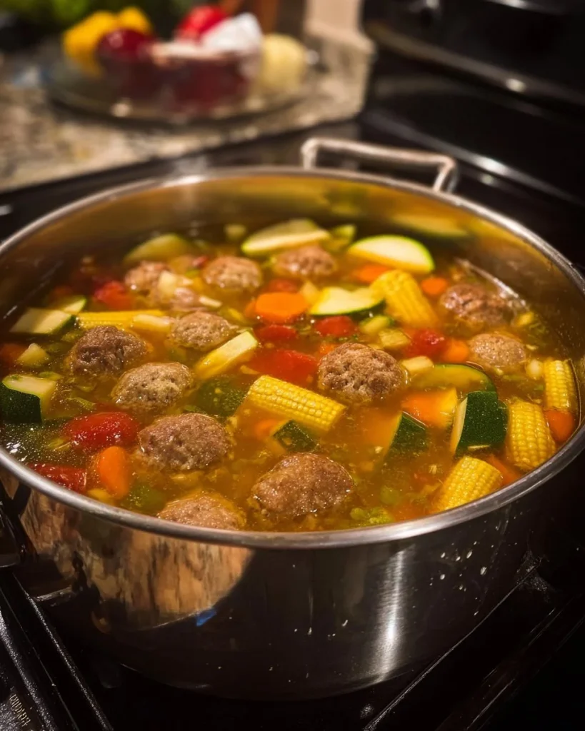 Plato de caldo de albóndigas casero servido en un tazón humeante.