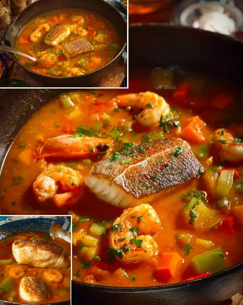 Plato de caldo de pescado servido con verduras frescas y especias.