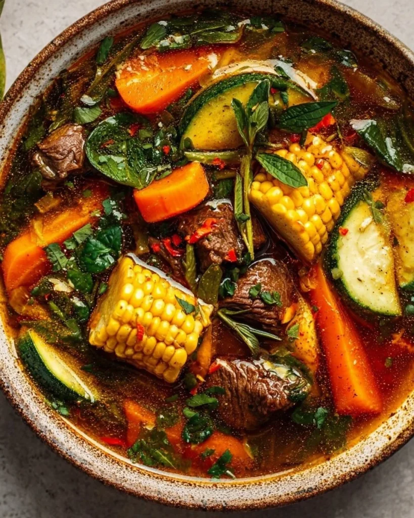 Caldo de Res Auténtico servido en un plato hondo con verduras frescas.