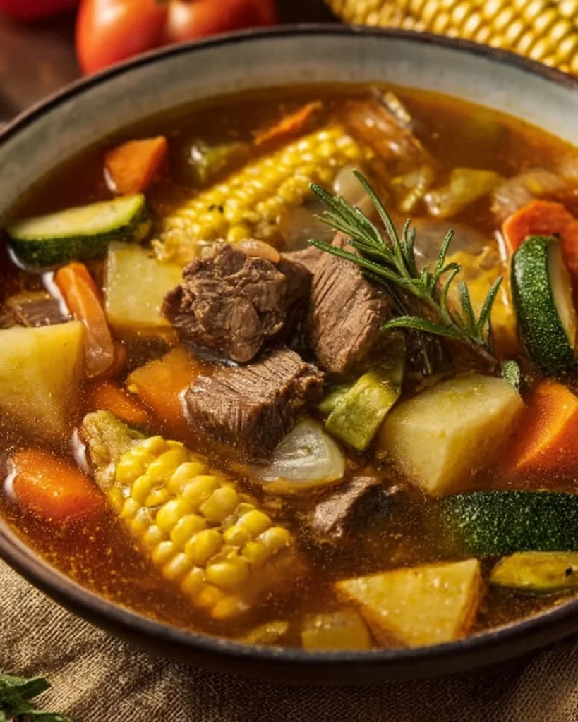 Plato delicioso de Caldo de Res, sopa mexicana con carne y verduras frescas