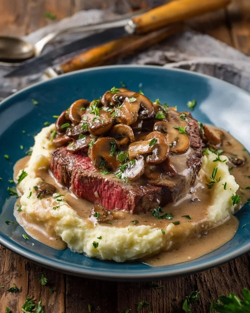 Plato de carne jugosa con salsa cremosa y champiñones