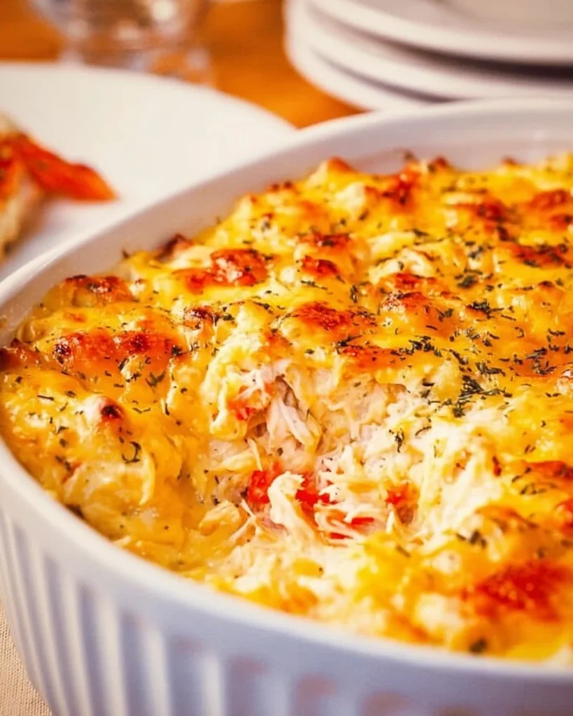 Plato de cazuela de cangrejo servido en un tazón colorido.