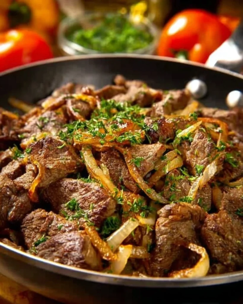 Plato de hígado encebollado casero con cebollas caramelizadas