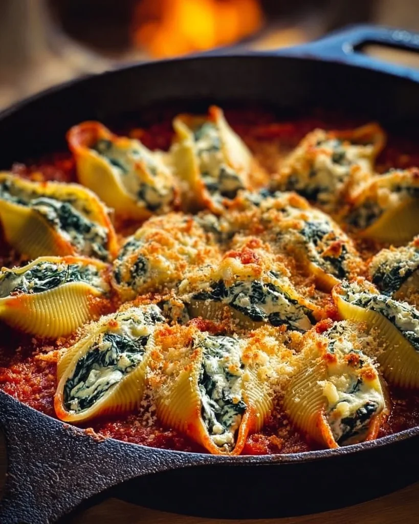 Conchas rellenas de espinacas y ricotta listas para disfrutar