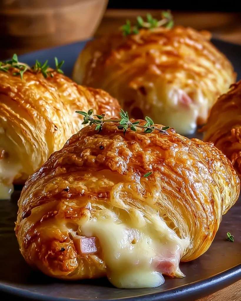 Croissants de jamón y queso crujientes preparados en freidora de aire.