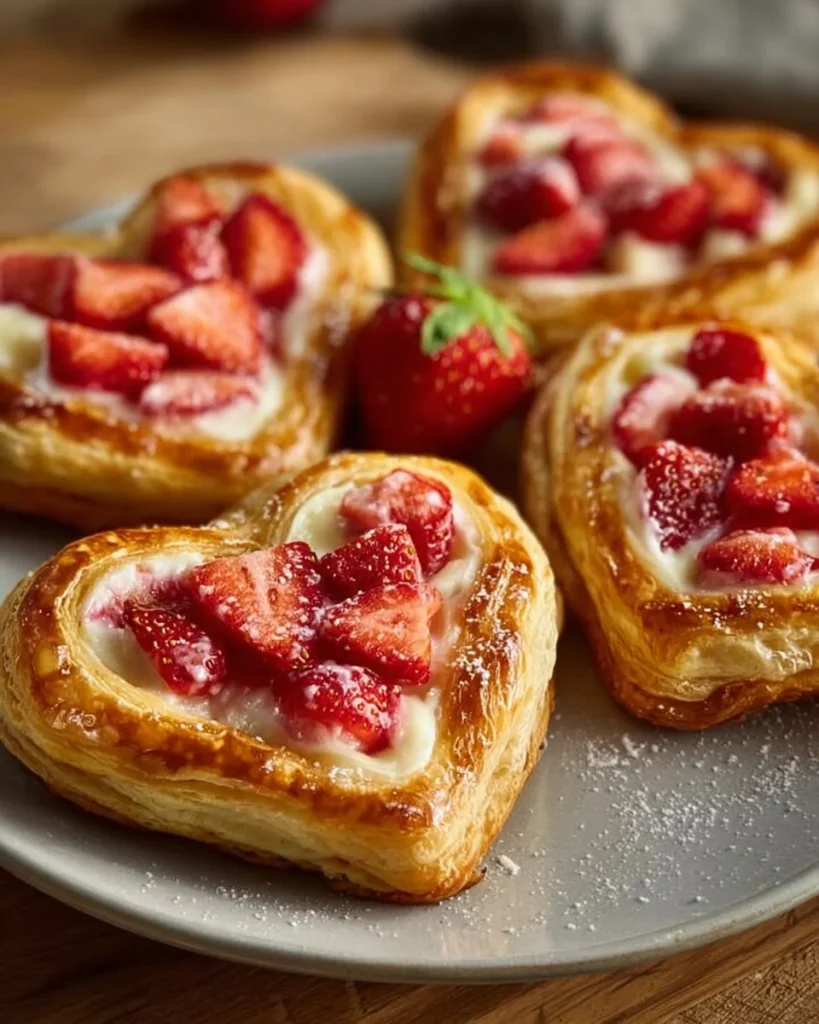 Danishes de Corazón con Fresa y Queso Crema, postre crujiente y cremoso.