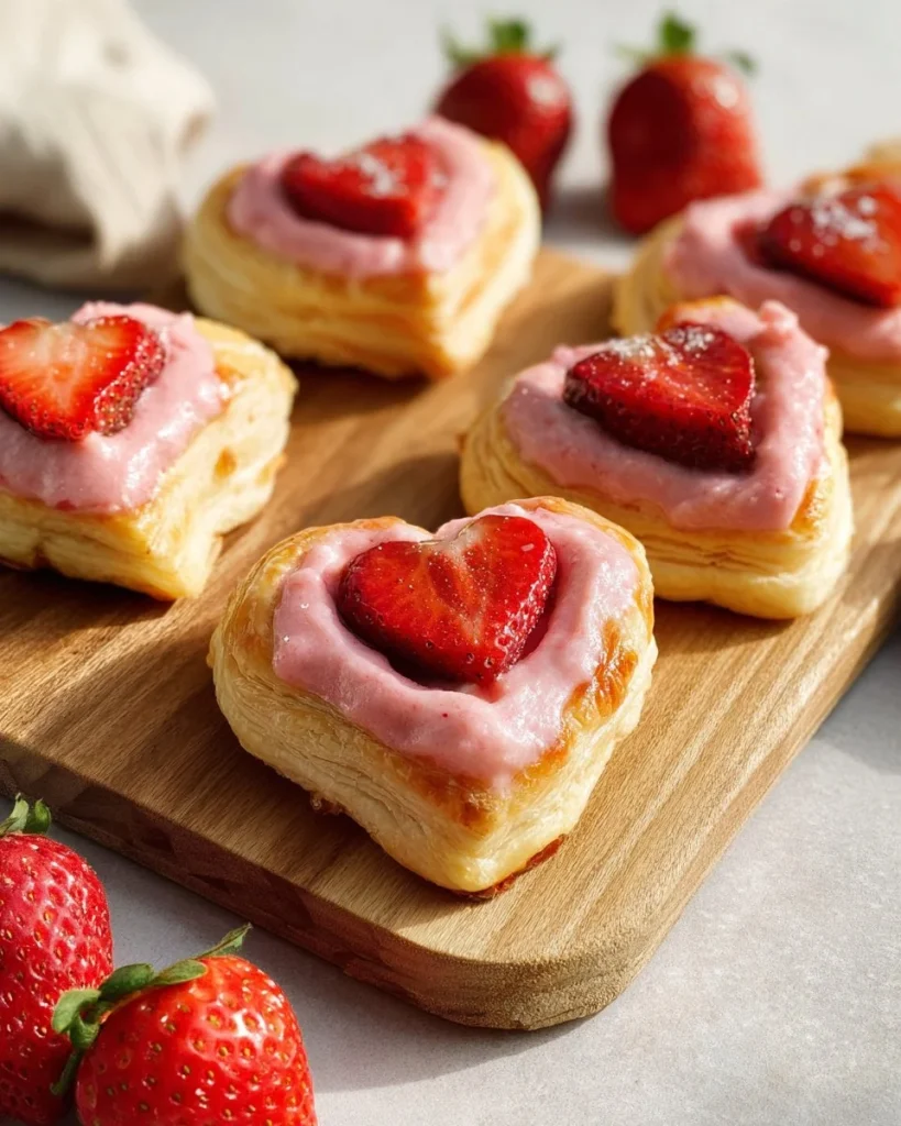 Danishes de fresa y queso crema recién horneados con forma de corazón