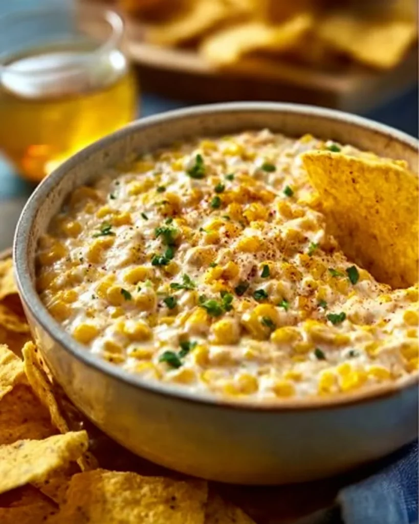 Dip de maíz cremoso servido en un tazón con totopos al lado
