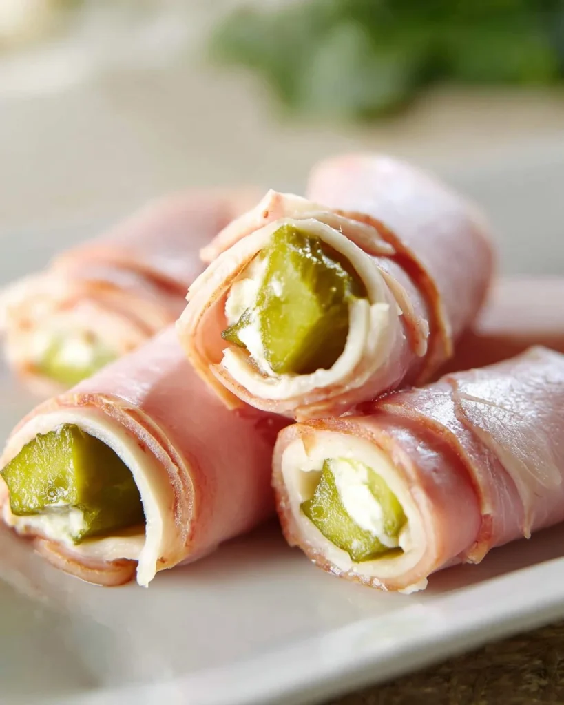 Enrollados de Jamón y Pepinillo con Queso Crema en un plato
