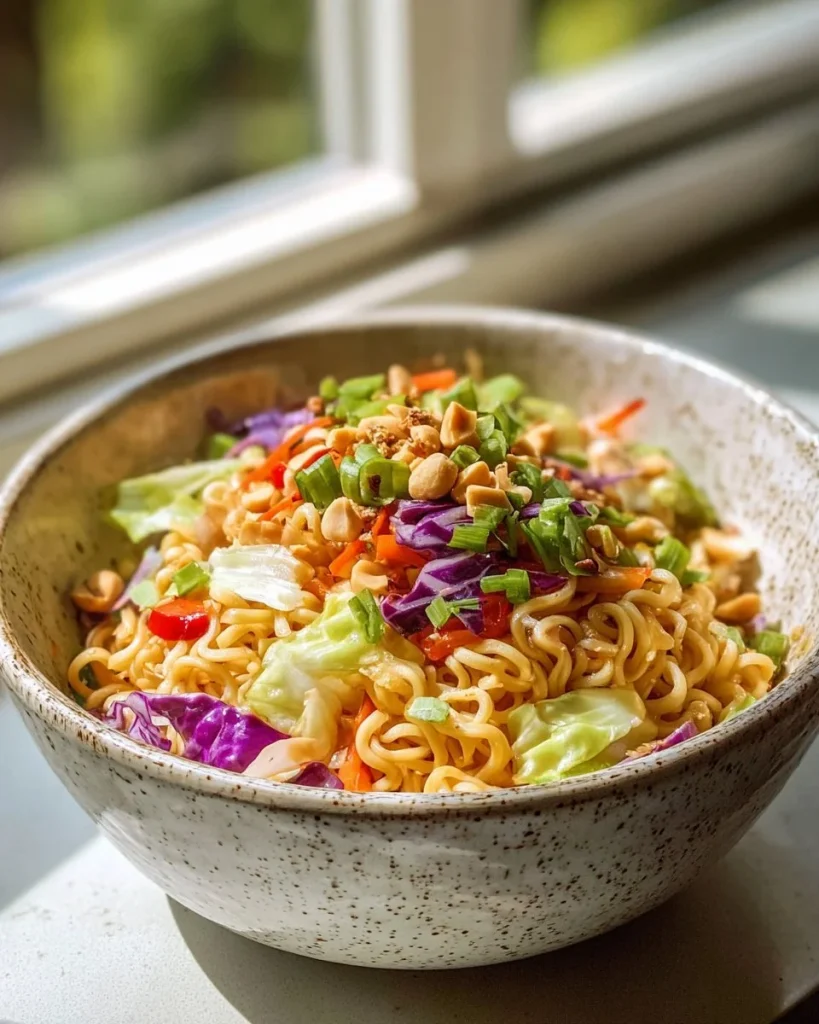 Ensalada de fideos ramen fresca y colorida con vegetales y aderezo