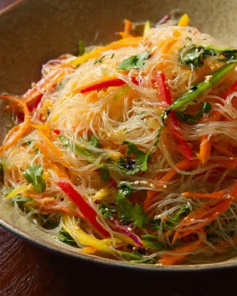 Ensalada de fideos sin cocción con aderezo ácido y vegetales frescos