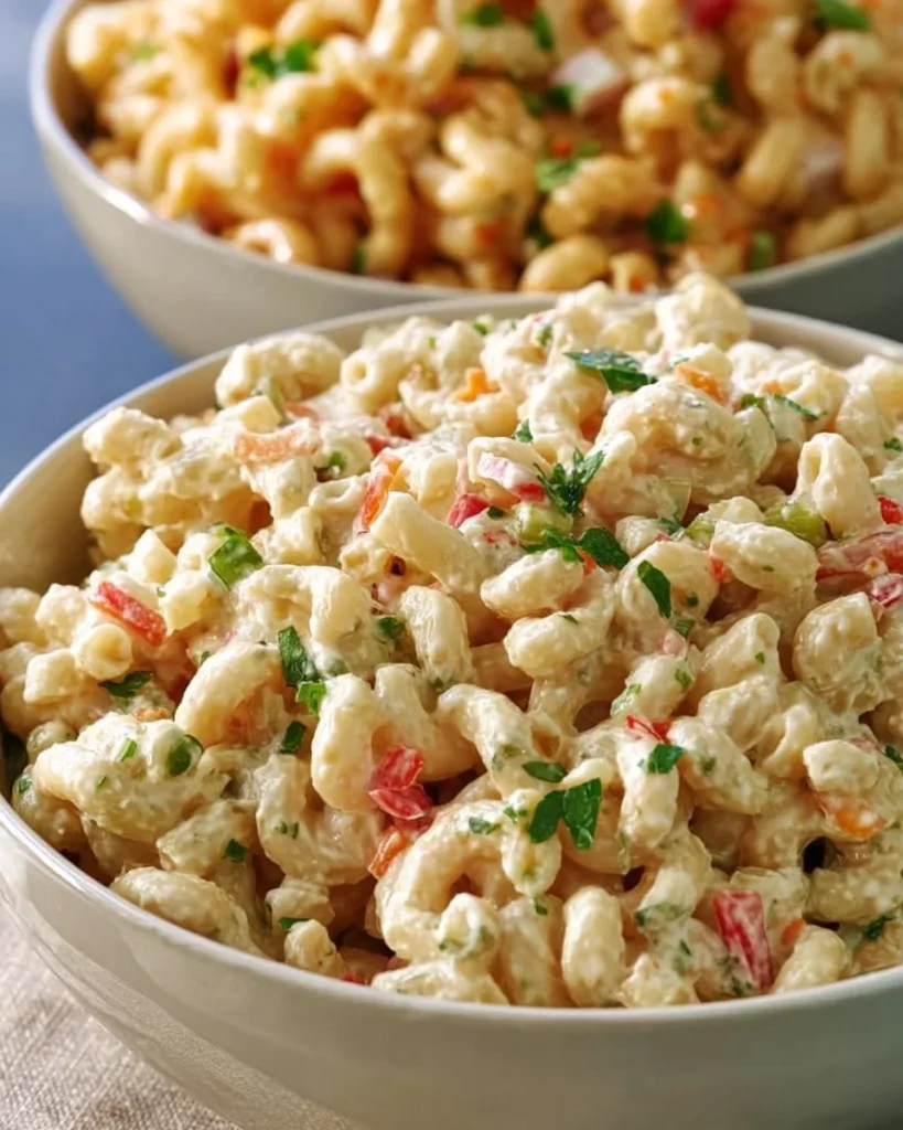Deliciosa ensalada de macarrones con vegetales frescos y aderezo armonioso.