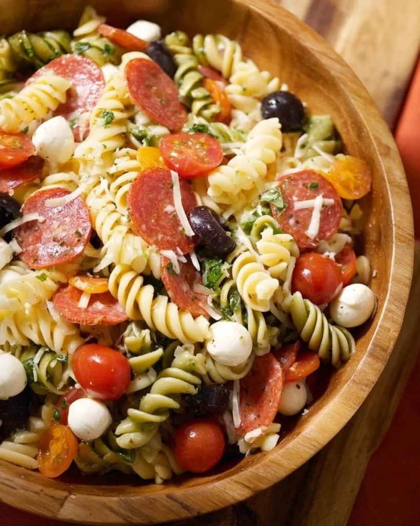 Ensalada de pasta italiana fría con verduras frescas y aderezo