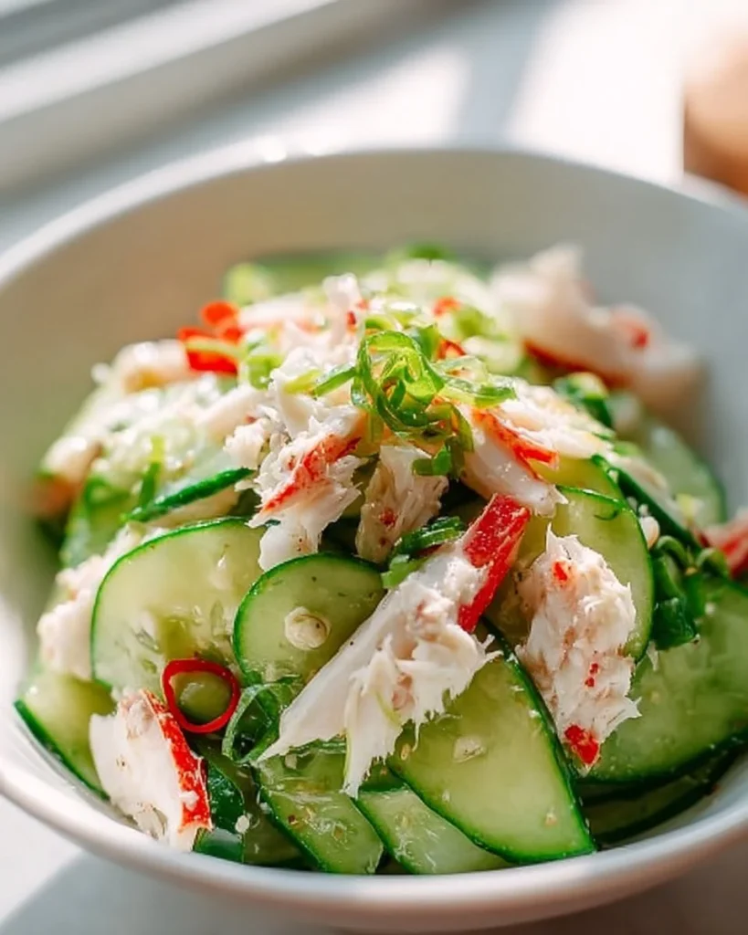 Ensalada de pepino con carne de cangrejo, un plato fresco y delicioso.