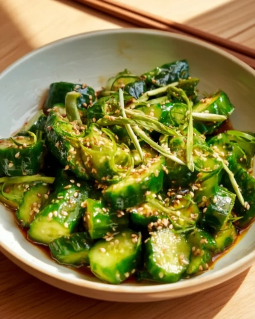 Ensalada de pepino picante en un plato transparente con ingredientes frescos.