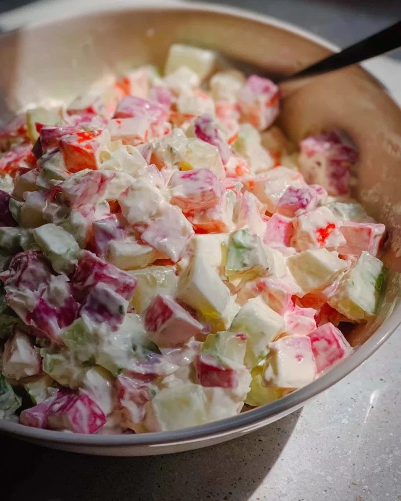 Plato de ensalada de surimi fresco y colorido con vegetales