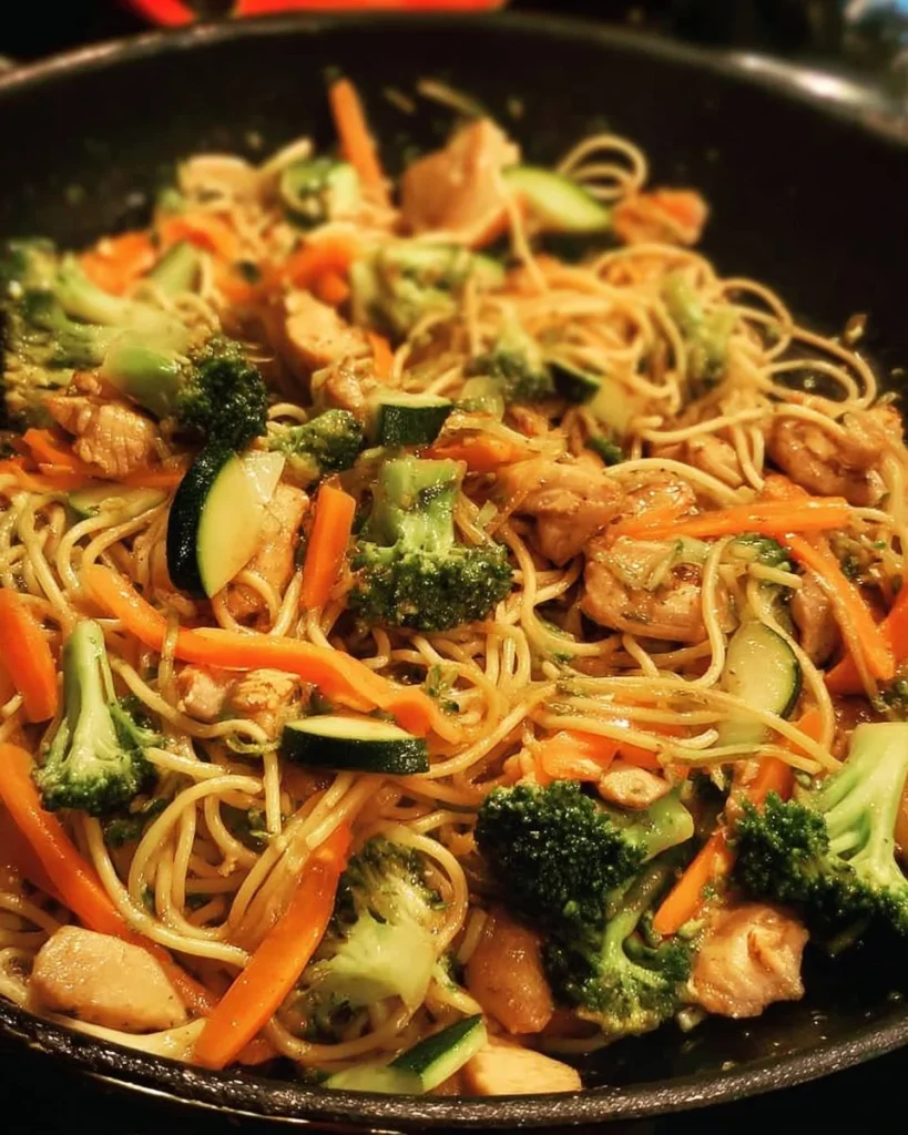 Plato de espagueti estilo chino con verduras y salsa