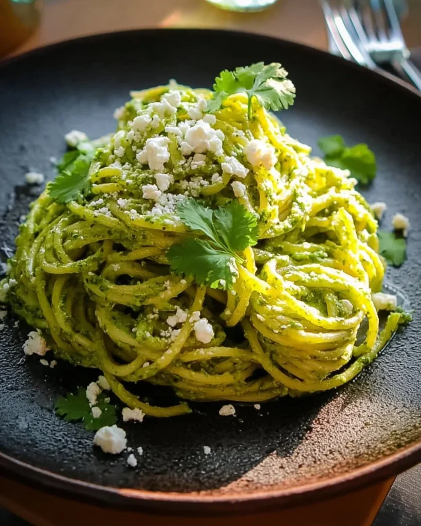 Plato de espagueti verde con salsa fresca y hierbas