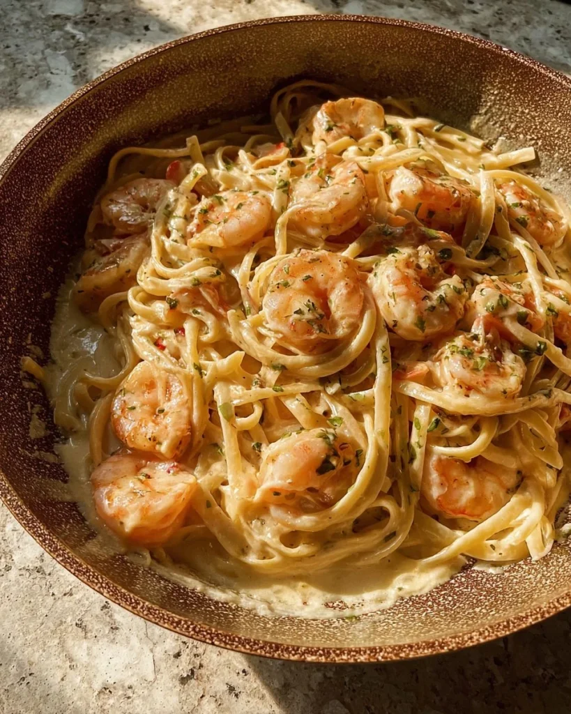 Fettuccine Alfredo de Camarones en un plato gourmet