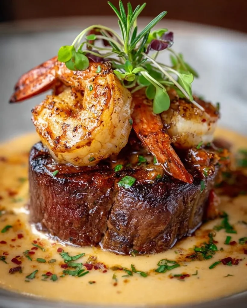 Filete Mignon con salsa de crema de langosta y langostinos en un plato gourmet.