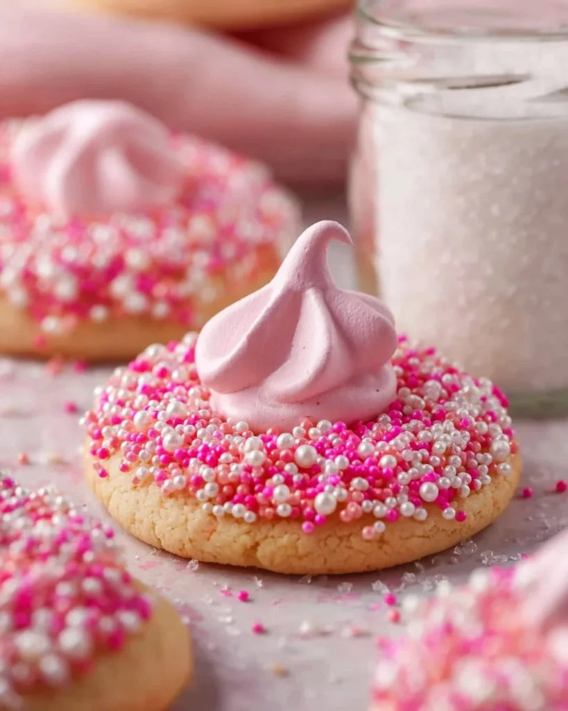 Galletas de beso de fresa, dulces y suaves, ideales para San Valentín.