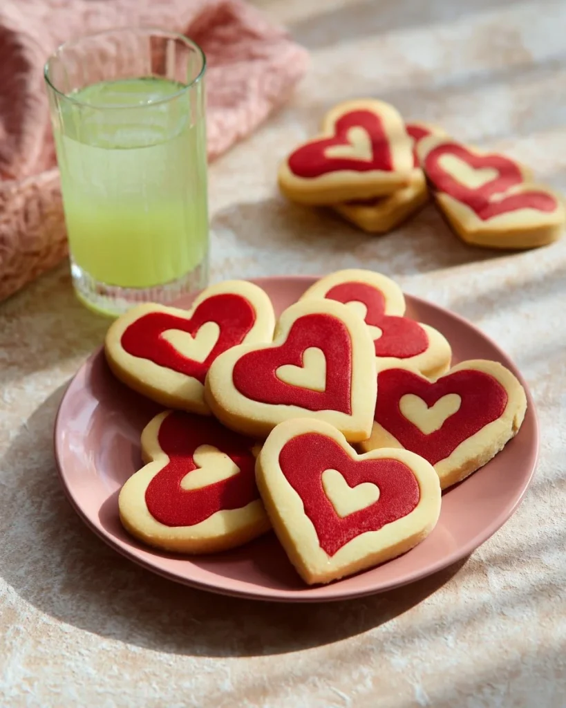 Galletas de San Valentín en forma de corazón decoradas con glaseado.