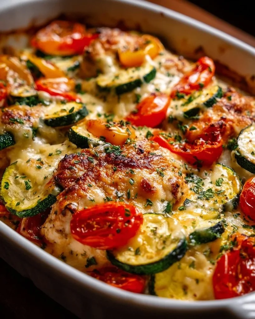 Plato de horneado de Pollo Mediterráneo con calabacín fresco y colorido