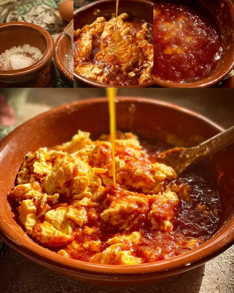 Plato de Huevos al Albañil servidos con salsa y guarniciones.