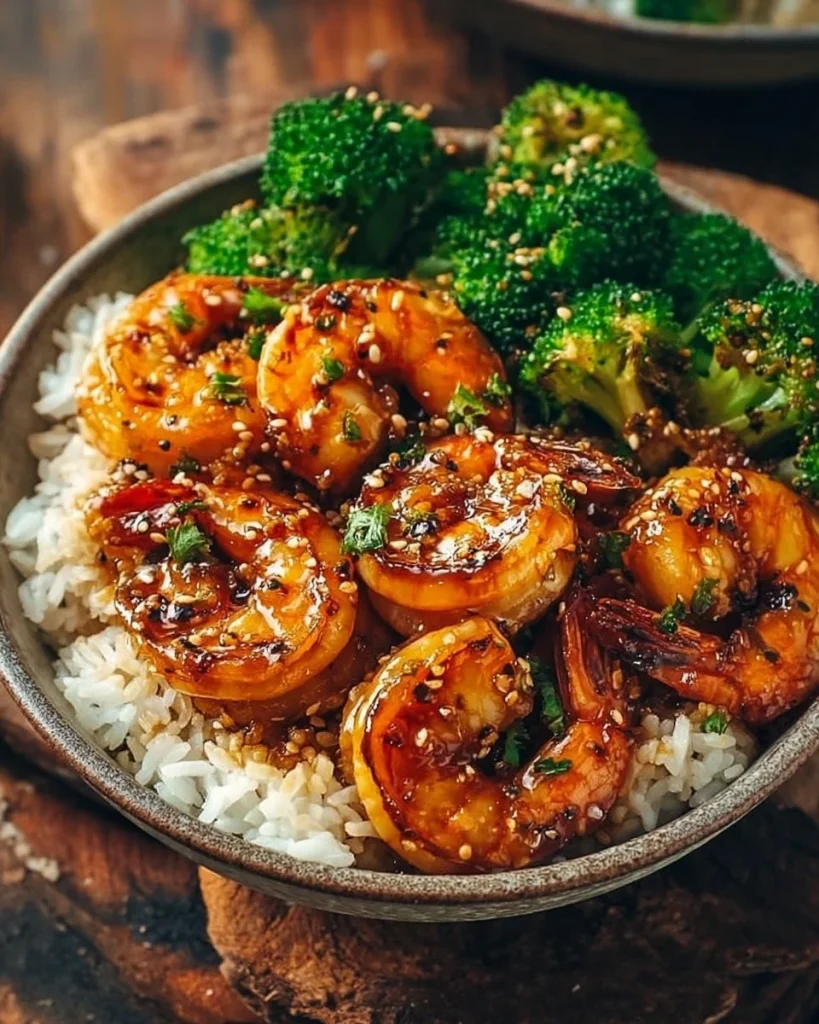 Tazón de camarones con miel y ajo, un platillo delicioso y atractivo.